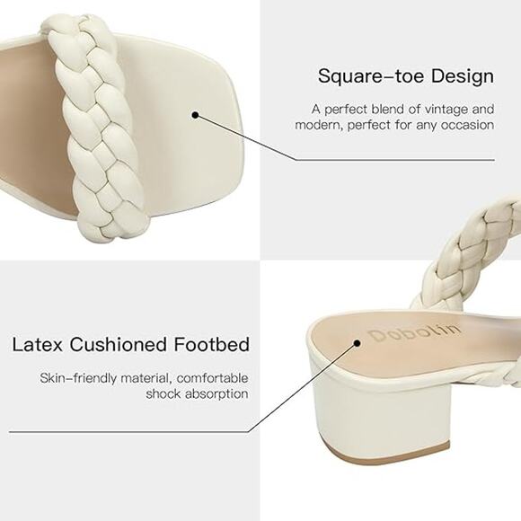 Dobolin Womens 7.5 White Braided Strap Short Chunky Heels Slip on Wedding Shoes - Picture 2 of 6